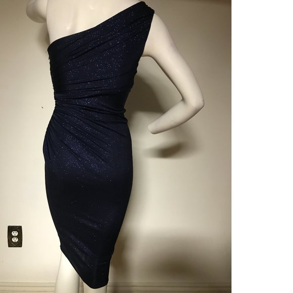 Le Chateau Navy Blue stretchy shiny sparkle metallic one shoulder dress NWT - Picture 6 of 8